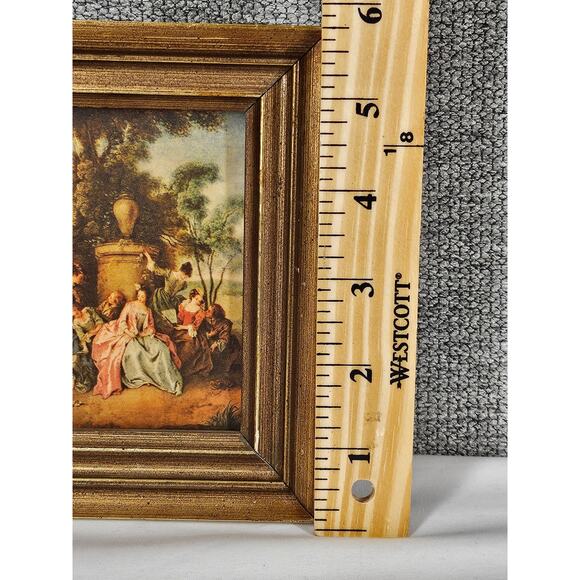CORONA DECOR CO. SILK PRINT “GATHERING IN A PARK” WOOD FRAME 6" X 4.5" VINTAGE - Picture 6 of 9